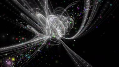 Şerit nesne ve yavaş çekimde titreşen parçacıklar ile fütüristik video animasyon, 4096x2304 döngü 4k