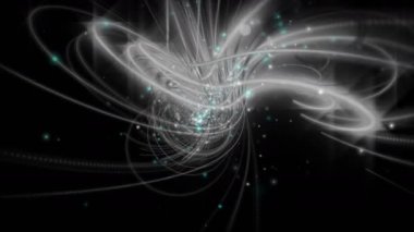 Şerit nesne ve yavaş çekimde titreşen parçacıklar ile fütüristik video animasyon, 4096x2304 döngü 4k