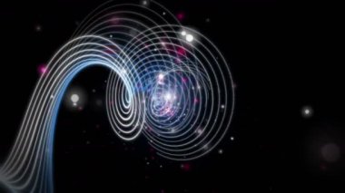 Şerit nesne ve yavaş çekimde titreşen parçacıklar ile fütüristik video animasyon, 4096x2304 döngü 4k