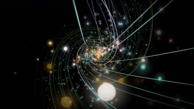 Şerit nesne ve yavaş çekimde titreşen parçacıklar ile fütüristik video animasyon, 4096x2304 döngü 4k