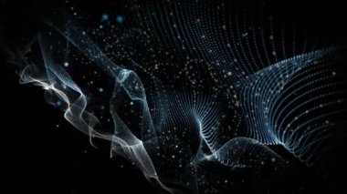 Dalga nesnesi ve parıldayan parçacıklarla gelecek video animasyonu, 4096x2304 döngü 4K