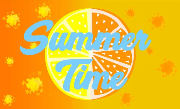 イラスト テキスト夏時間とオレンジのグラデーションに黄色の半分のオレンジと半分のレモン 概念夏 — ストック写真