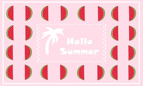 야자수 로고와 Hello Summer 텍스트가 분홍색 수박의 패턴을 — 스톡 사진