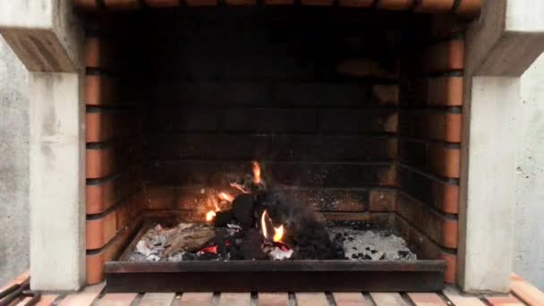 Nahaufnahme Kleines Feuer Mit Holz Und Holzkohle Auf Einem Gemauerten — Stockvideo