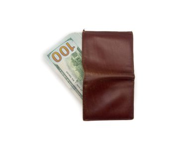 Açık kahverengi deri cüzdan beyaz arka planda izole edilmiş Amerikan dolarları, zenginlik konsepti, para, cüzdan, nakit, finans, çanta, ödeme. Yüksek kalite fotoğraf