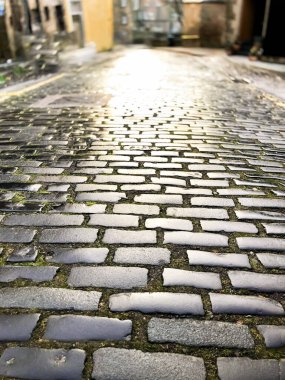 Üzerinde yosun büyüyen bir tuğla geçit. Tuğlalar siyah ve yürüyüş yolu ıslak. Birleşik Krallık