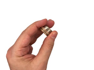 Amerikan sikkeleri, Amerikan paraları, bozuk paralar, sentler, sentler, dolar olarak maaş, erkek eli bir yığın bozuk para tutuyor, fotokopi alanı, deri döşeme, üst manzara. 10 sent ve bozukluklar.