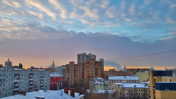 Dawn Moscow Houses Beautiful City Sunrise Reflected Windows High Rises — Zdjęcie stockowe