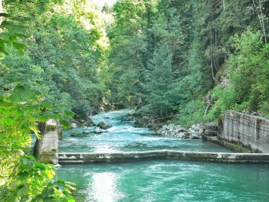 Temiz ve güzel dağ nehir Bzıb ormanlık Abhaz hidroelektrik santral alanında Kafkas Dağları eteklerinde