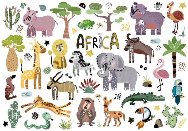 Renkli Afrika Vahşi Hayvanlar Kaktüsler Bitkiler Beyaz Arka Plan Üzerinde — Stok Vektör
