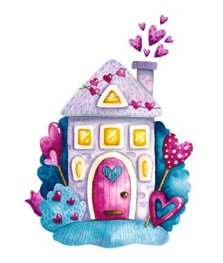 Kalpler ve çiçekler üzerinde beyaz bir arka plan ile şirin suluboya house Sevgililer günü için. Mavi ve pembe tonları. El çizim suluboya resim