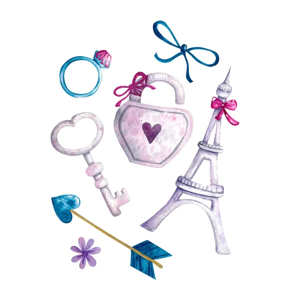 Set Watercolor Elements White Background Valentines Day Eiffel Tower Key — Stock Photo, Image