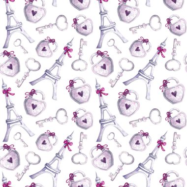 Sevgililer günü ile Eyfel Kulesi, kilit ve anahtar, pembe renkler, romantik ve aşk için suluboya seamless modeli. Kağıt, ambalaj için sonsuz doku Tekstil