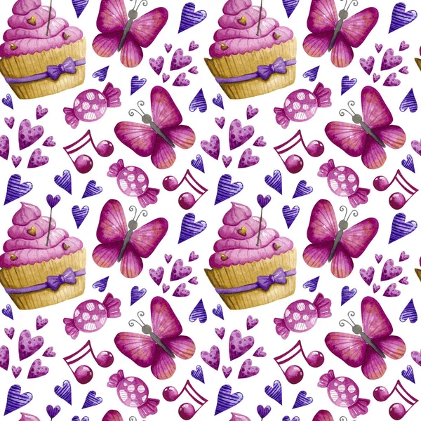 Watercolor Seamless Pattern Valentine Day Cupcake Butterfly Hearts Pink Purple — Stock Photo, Image