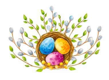 Söğüt dalları, Paskalya yortusu yumurta, yeşil bahar dalları suluboya bileşimi. Beyaz arka plan. Gösterim amacıyla yazdırma, kartpostal, poster, tekstil