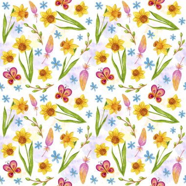 Suluboya Paskalya seamless modeli parlak bahar çiçekleri - nergis veya Nergis, tüyler ve beyaz zemin üzerine yeşil dallar ile el çizim illüstrasyon kaydırma, tekstil, kumaş için.