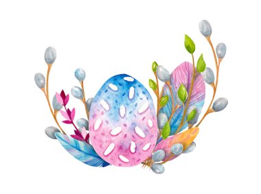 Söğüt dalları, Paskalya yumurtası, Bahar dalları ve tüyler suluboya bileşimi. Beyaz arka plan. Baskı, kartpostal, poster, tekstil için yalıtılmış nesne