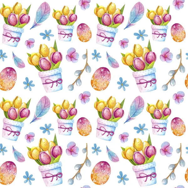 Akwarela Bezszwowe Wzór Jasnym Pisanki Piór Bukiety Tulipanów Wierzby Wiosna — Zdjęcie stockowe