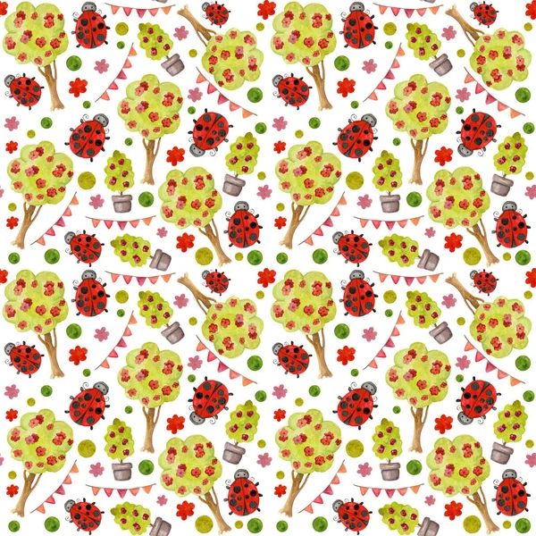 Watercolor seamless pattern with flowering trees, bug, flags on a white background, hand drawing, raster illustration. Endless texture for wrapping paper, textile, fabric. — Stock Image Watercolor Seamless Pattern Flowering Trees Bug Flags White Background Hand Stock Picture