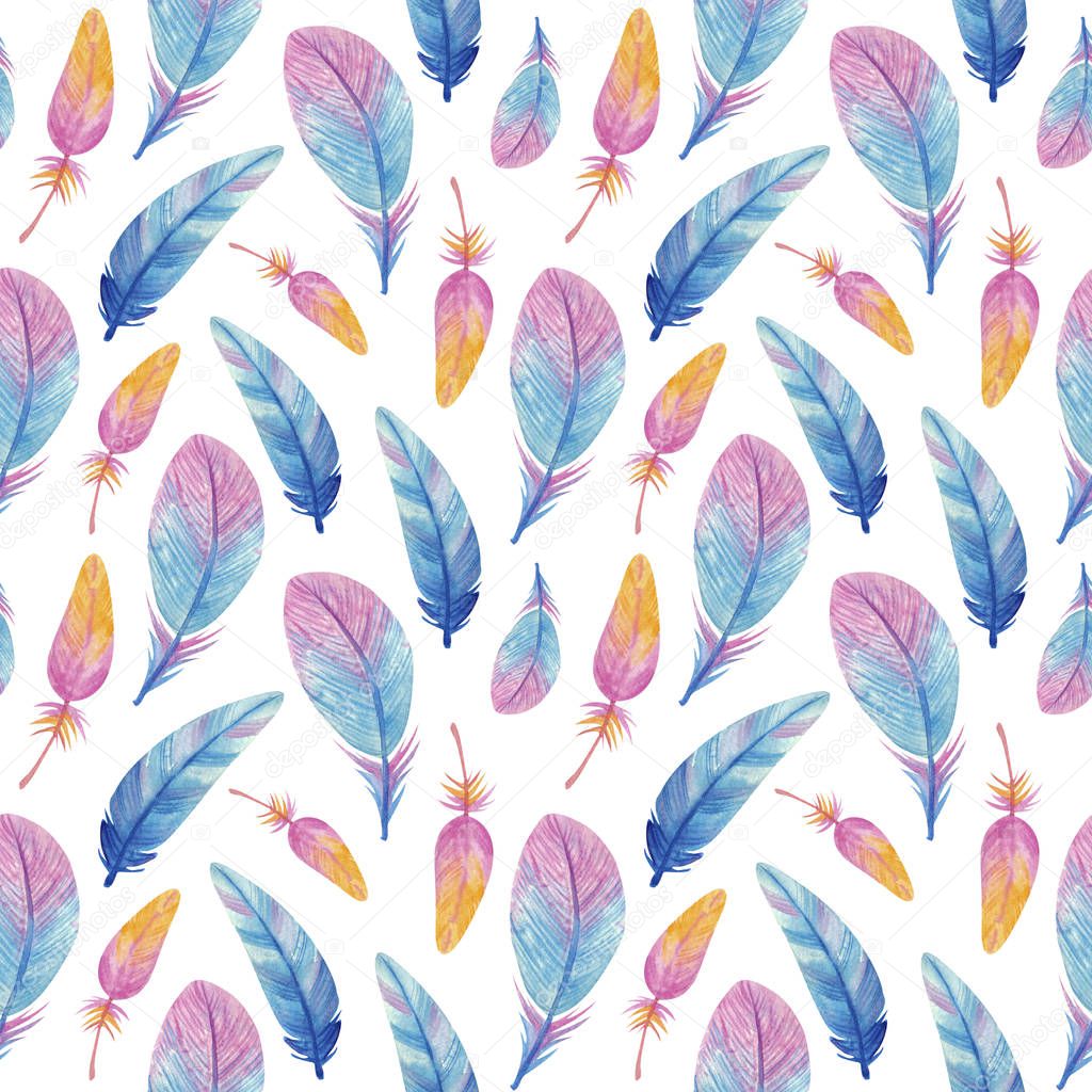 Watercolor seamless pattern with bright feathers on a white background, hand drawing, raster illustration for Easter, spring. Endless texture for wrapping paper, textile, fabric.