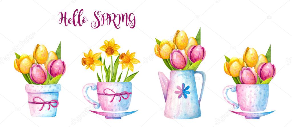 Watercolor illustrations set - a beautiful bouquet of orange, yellow and pink tulips and narcissus in a decorative pots. Delicate spring, Easter flowers. Isolated objects on white background.