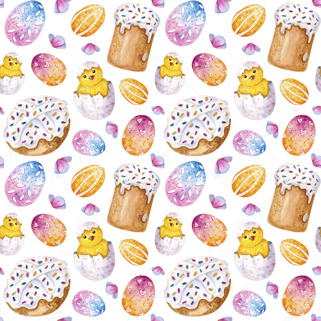 Watercolor seamless pattern with tender Easter cakes and chickens and easter eggs on white background, hand drawing illustration. Endless texture for wrapping paper, textile, fabric.