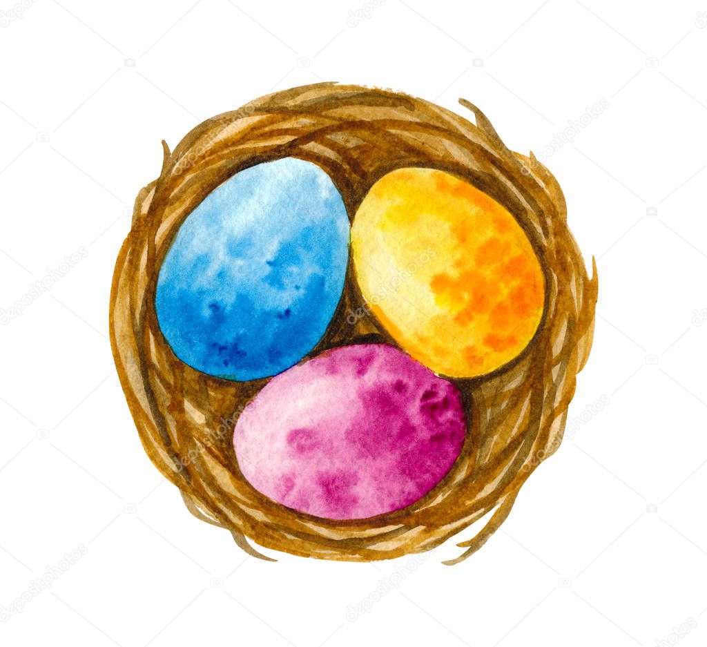 Watercolor illustration - birds nest with colorful Easter eggs - blue, pink and orange. Easter or spring symbol. Composition on a white background.