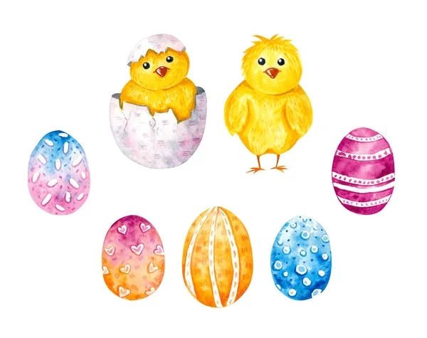 Watercolor Set Bright Easter Eggs Painted Eggs Blue Pink Orange — Stock Photo, Image