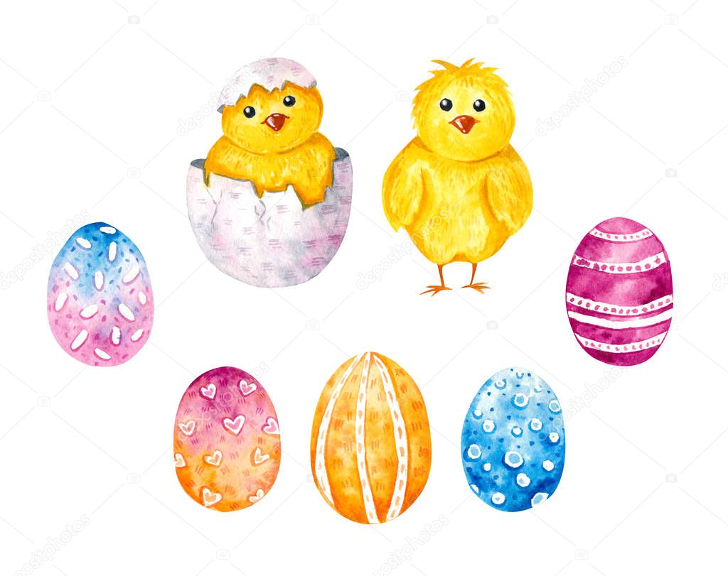 Watercolor set of bright Easter eggs, painted eggs, in blue, pink and orange and little yellow chickens. Isolated elements on white background.