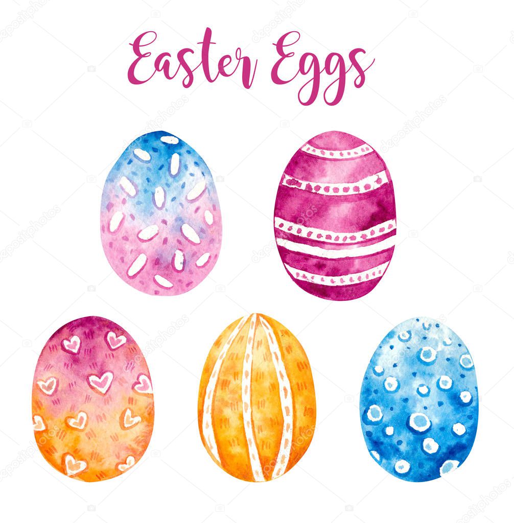 Watercolor set of bright Easter eggs, painted eggs, in blue, pink and orange. Isolated elements on white background.