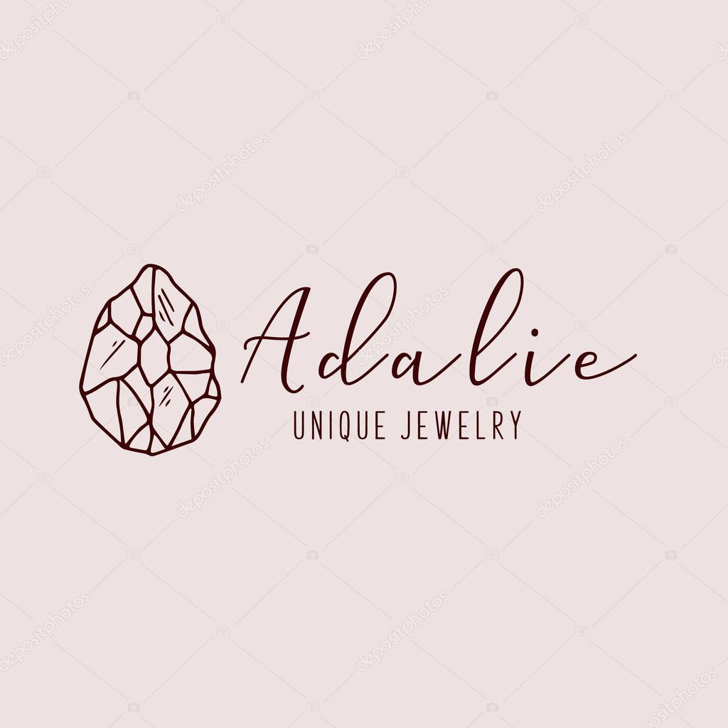Logo for a jewelry company or store with outline crystal or diamond, precious stone, gem and text - company name - vector illustration for cards, business identity
