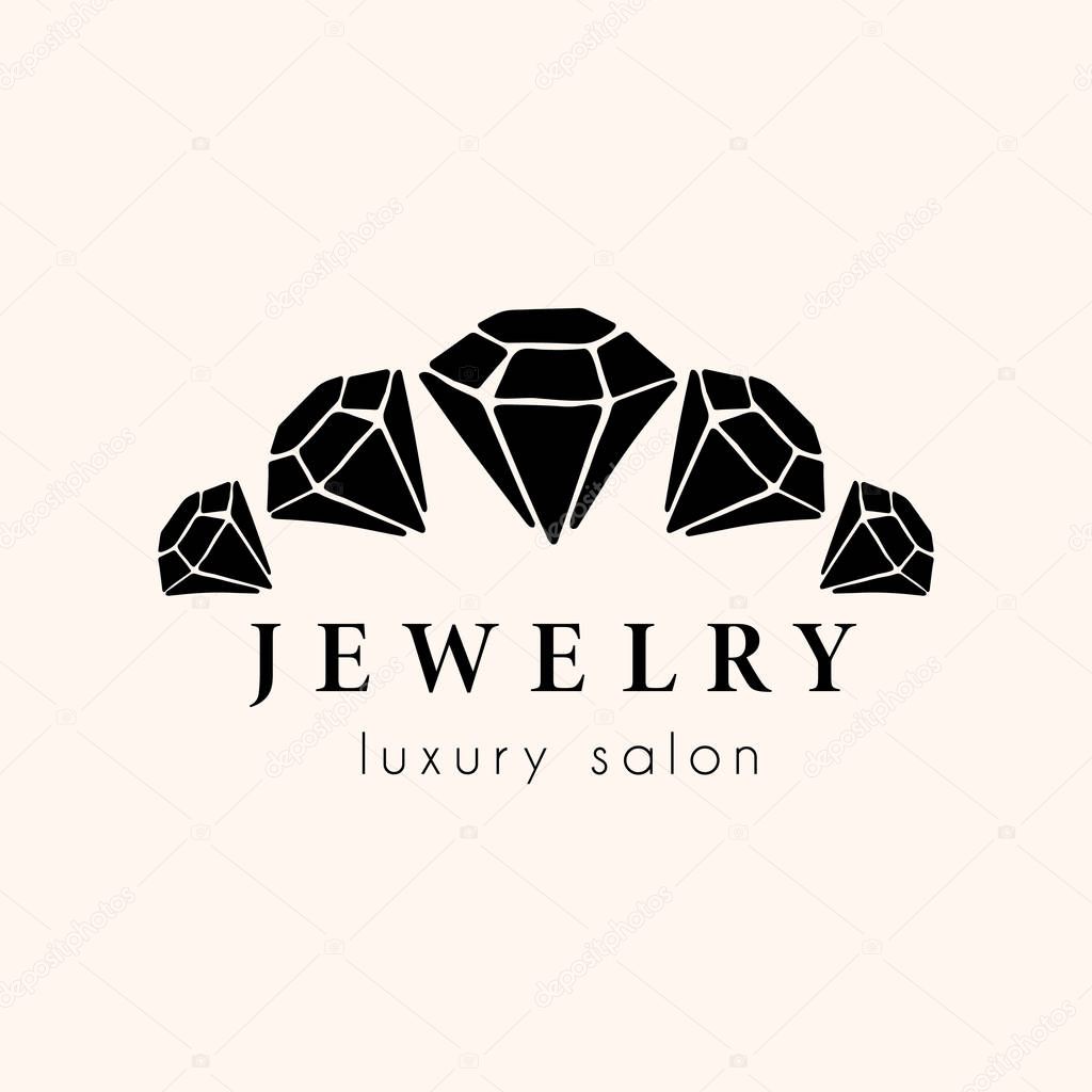 Logo for a jewelry company or store with black crystal or diamond on white, precious stone, gem and text - company name - vector illustration for cards, business identity
