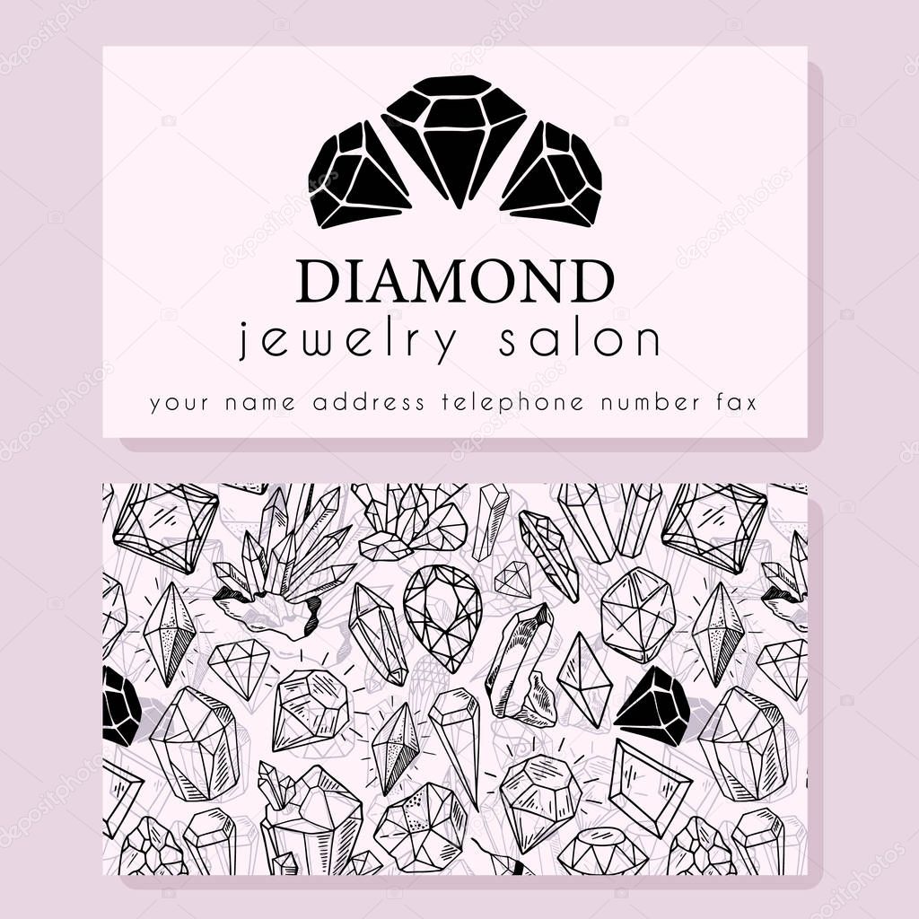 Business Identity - business card template with front side with logo - black diamond, crystal, text on light pink, and back side with pattern with precious stones. Ready to print, vector