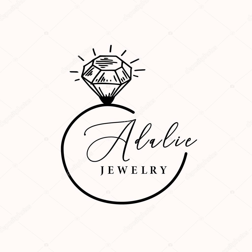Logo for a jewelry company or store with outline crystal or diamond, precious stone, gem and text - company name - vector illustration for cards, business identity