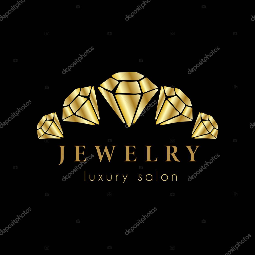 Logo for a jewelry company or store with golden crystal or diamond on black, precious stone, gem and text - company name - vector illustration for cards, business identity