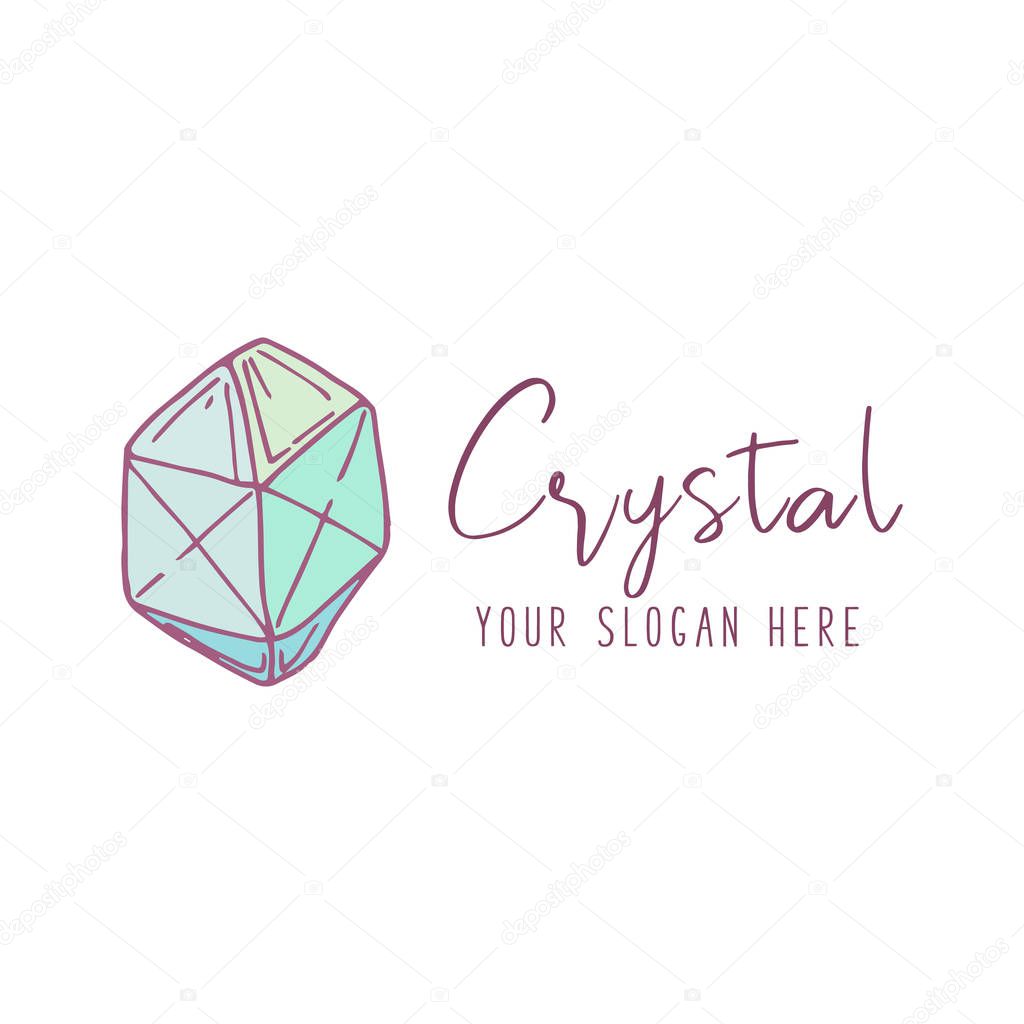 Logo for a jewelry company or store with turquoise crystal or diamond on white, precious stone, gem and text - company name - vector illustration for cards, business identity