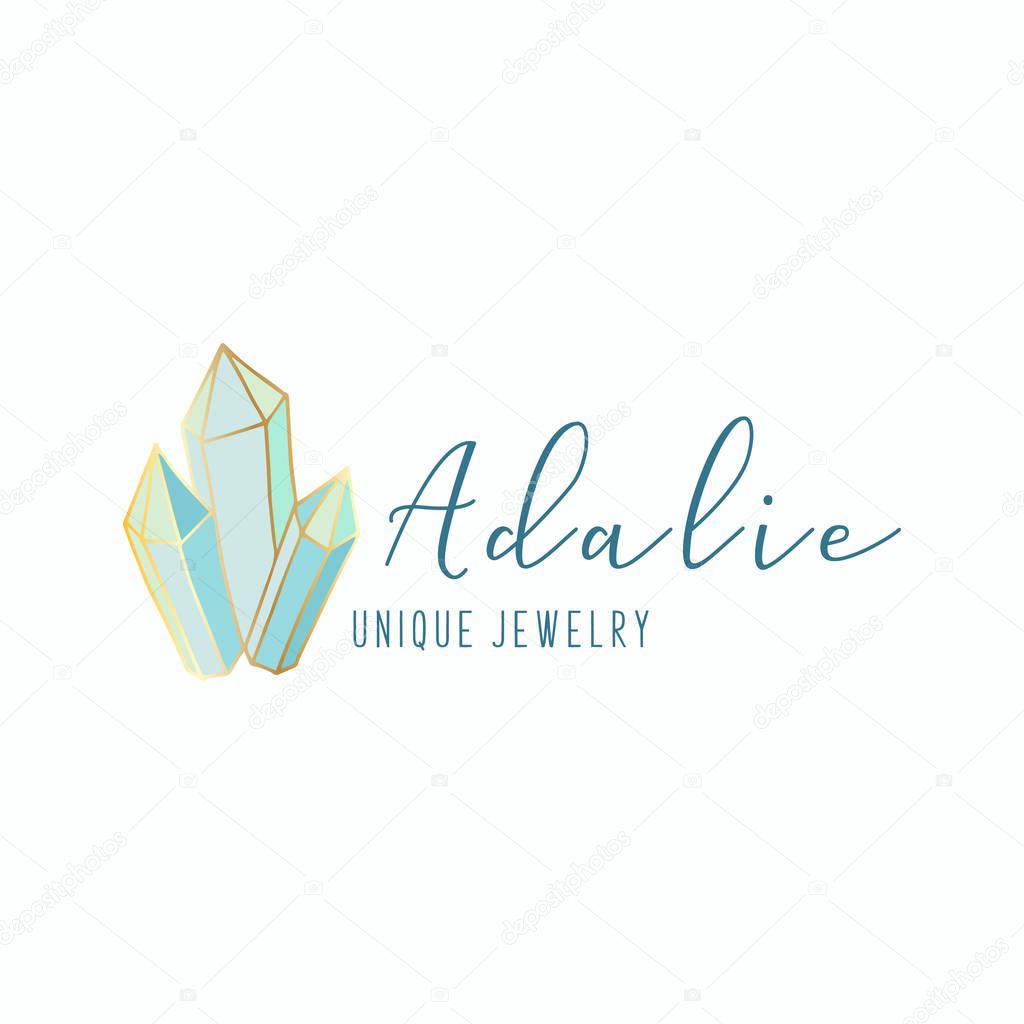 Logo,  business identity for jewelry salon, company or store with turquoise crystal or diamond on white, precious stone, gem and text - company name - vector illustration