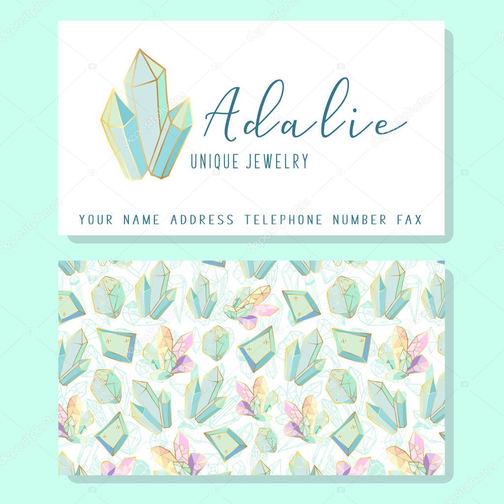 Business Identity, business card template, front side with logo - turquoise diamonds, crystal or gems, text. back side with pattern with precious stones. Ready to print, vector