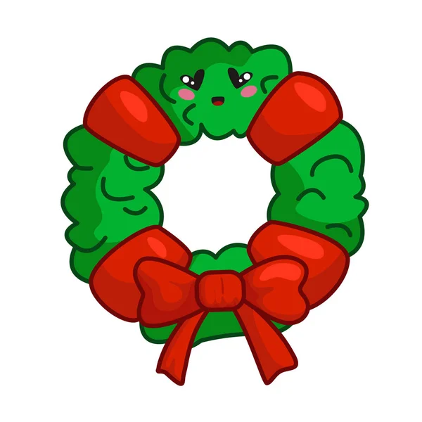 Kawaii Christmas Coniferous Wreath Red Ribbon Bow Cute Emoji Face — Stock Vector