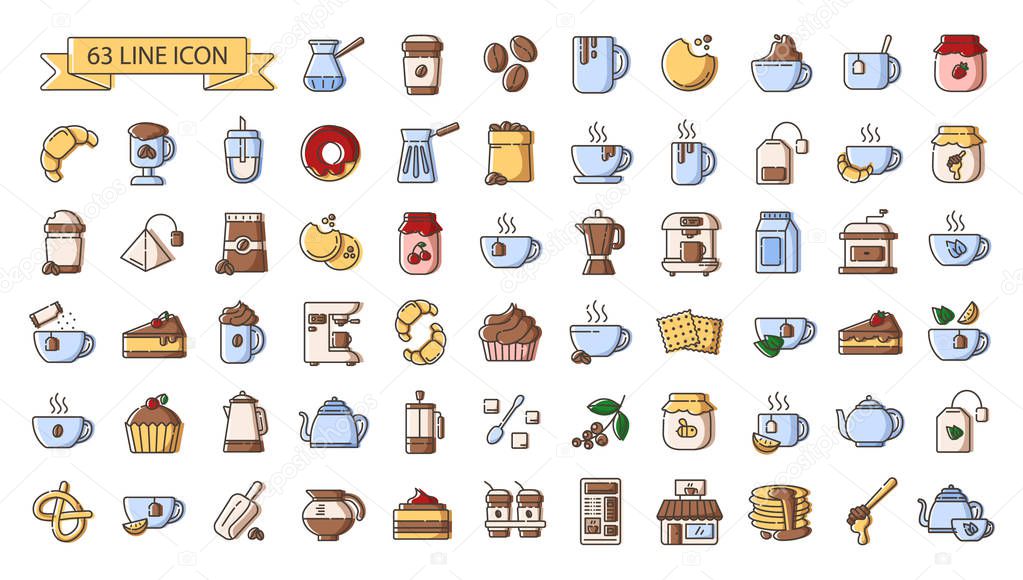 Download Set Of Simple Outline Color Icons Tea And Coffee Drinks Coffee Amking Equipment Kitchenware Hot Energetic Beverages Desserts Or Sweet Food For Breakfast Isolated Vector Symbols For Web And App