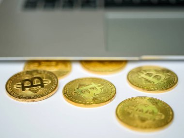 Altın bitcoins araştırma dizüstü yukarıdan görünen
