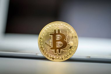 Altın bitcoin, açık dizüstü bilgisayar önünde bir kaburga üzerinde duran