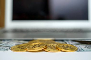 Belgili tanımlık laptop yukarıdan görünen Bitcoins ve dolar faturaları