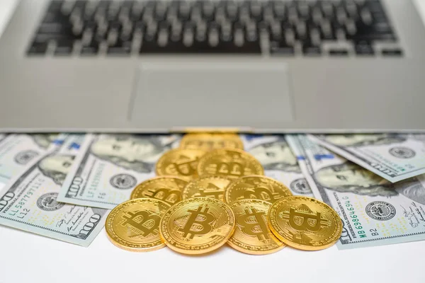 Belgili tanımlık laptop yukarıdan görünen Bitcoins ve dolar faturaları