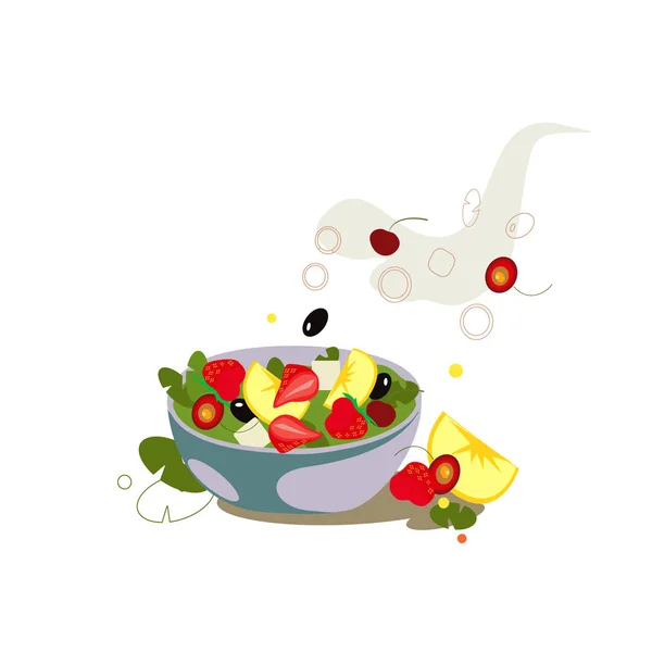 Sałatka owocowa w szklanej misce. Zdrowe wegetariańskie jedzenie — Wektor stockowy