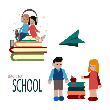 Okul çocuklarının vektör illüstrasyonu. hildren müzik dinle