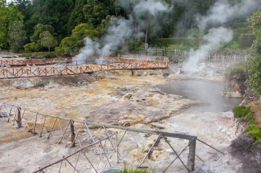 Volkanik Kaplıcalar ve fumaroles, Furnas - Sao Miguel gelen buğulanmış hava ile manzara