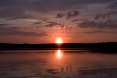 Pembe batan güneş nehir ve ormanın üzerinde.