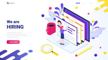 Web sitesi, açılış, sayfası, afiş için kavram işe vardır. Web tasarım konsepti. Trendy vektör izometrik çizim küçük karakter ve beyaz arka plan üzerinde izole çiçek öğeleri.
