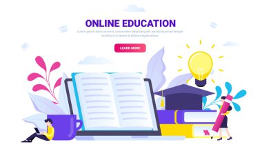Online eğitim, uzaktan eğitim vektör çizim. Web sitesi, açılış sayfa üstbilgisi, afiş, yazdırma için eğitim kavramı. Modern vektör çizim karakteri ile.